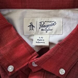 New Men's Large Penguin Red Plaid Button-Up Shirt